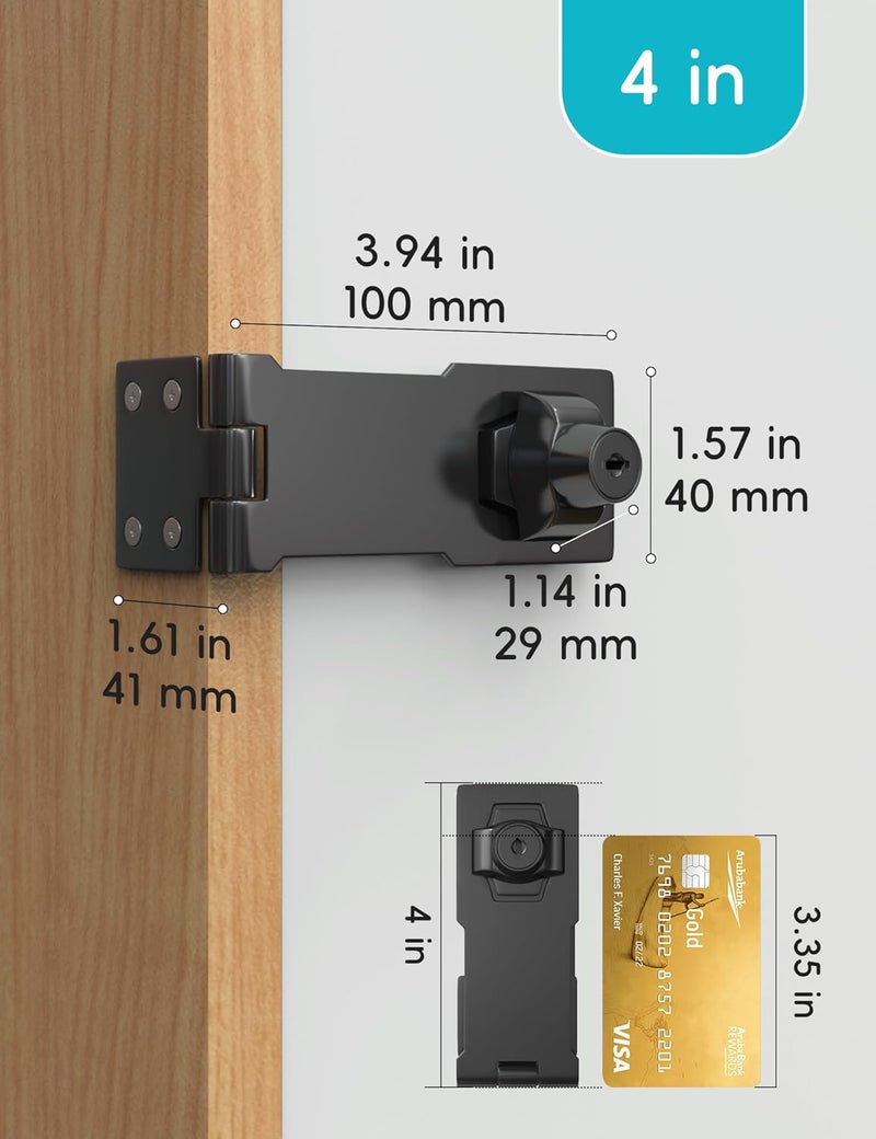 I-EASYDWW 4 Inch Keyed Hasp Lock for Cabinets & Small Doors, Twist Knob Design, Heavy Duty Zinc Alloy with Chrome-Plated Iron, Includes Keys & Screws - Black, 4 Pack - Image 2